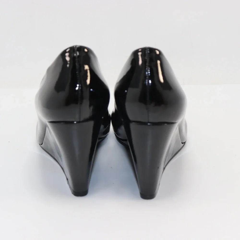 Michelle‎ D Peep Toe Wedge 7.5 Black Womens Leather Patent Classic